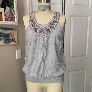 MINE Pale Gray COTTON Embroidered Shirred Drop Waist Tunic Shirt *SMALL*  Y2K